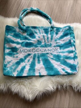 Moroccanoil Teal and White Tie-Dye Canvas Tote